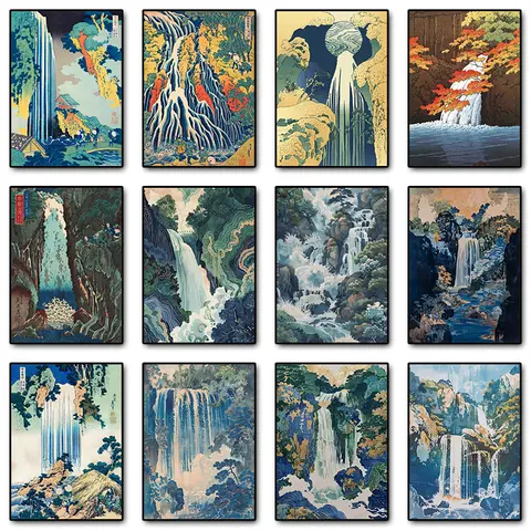 Hokusai ukiyo-e azul verde japonês cachoeira paisagem asiática cartaz impressão em tela imagem da arte da parede do vintage decoração do quarto de casa