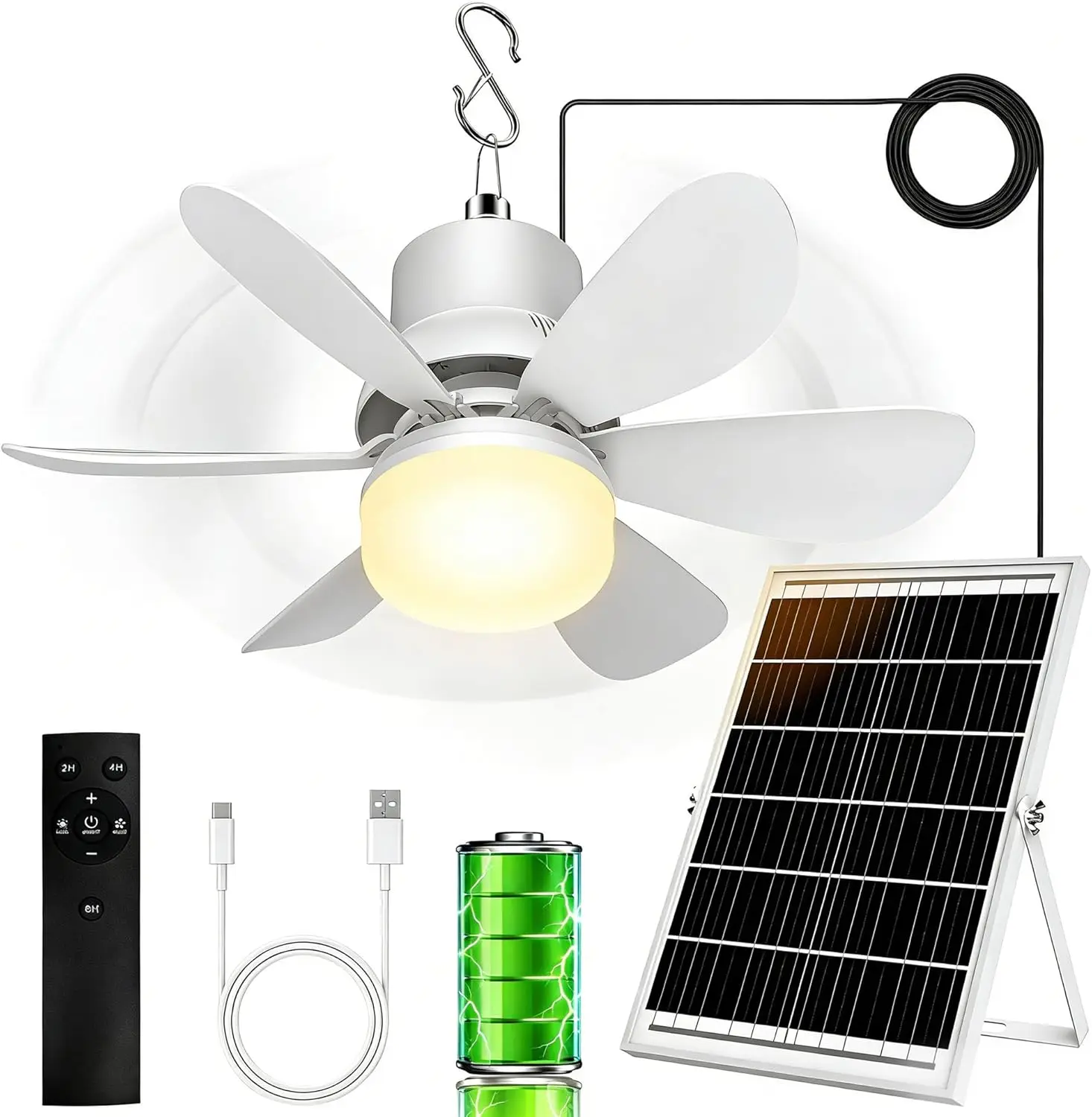 

Solar Powered Ceiling Fan with Light, 18000mAh Rechargeable for Gazebo Patio Camping