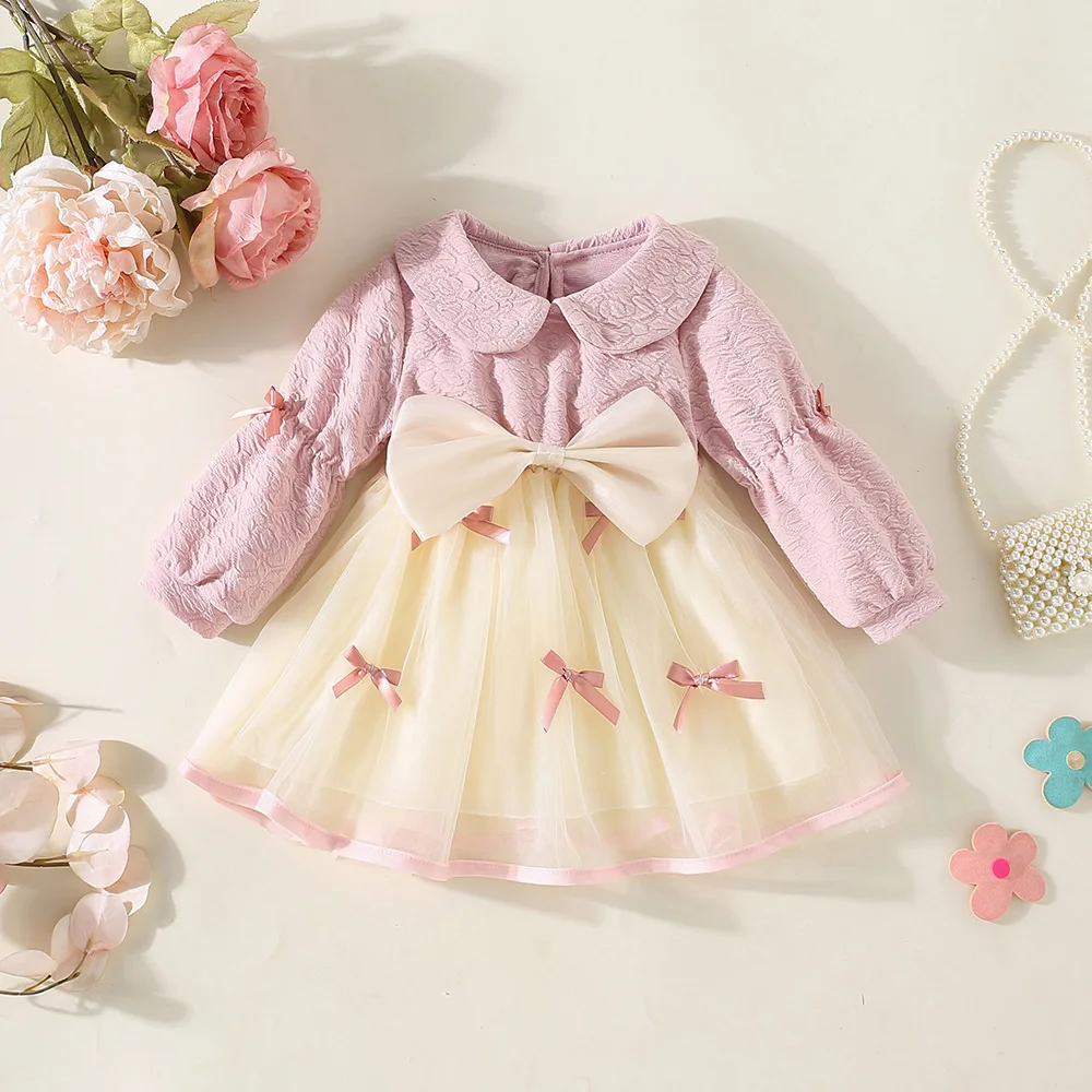 Spring and Autumn Baby Girl Dress Solid Color Dark Pattern Long Sleeve Top Splicing Butterfly Knot Mesh Dress for Girls