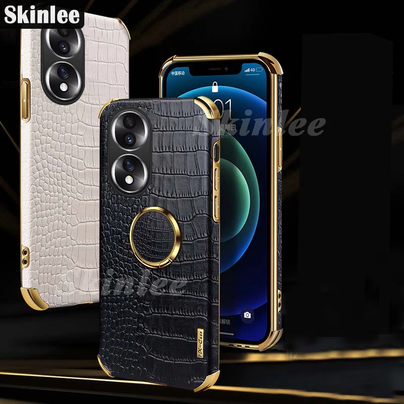 Skinlee For Honor 90 Pro Case With Magnetic Ring Crocodile Pattern Plating Border PU Leather Shell For Honor 90 Lite Back Cover