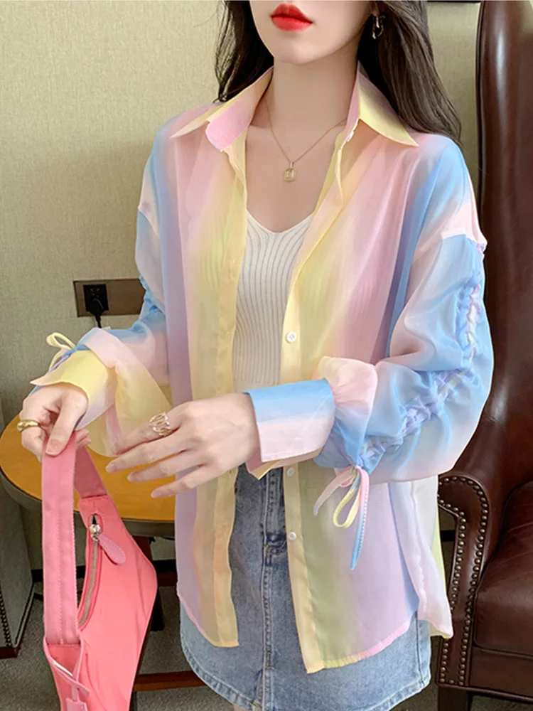 Summer New Ladies Beaded Embroidery Rainbow Mid-length Shirts Women\'s Loose Thin Drawstring Long Sleeve Sun Protection Tops