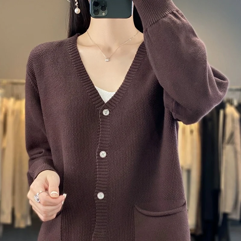 00% чистый хлопок, открытый кардиган с V-образным вырезом, женский свободный вязаный свитер на весну и осень, длинный свеч Ele, верхняя одежда