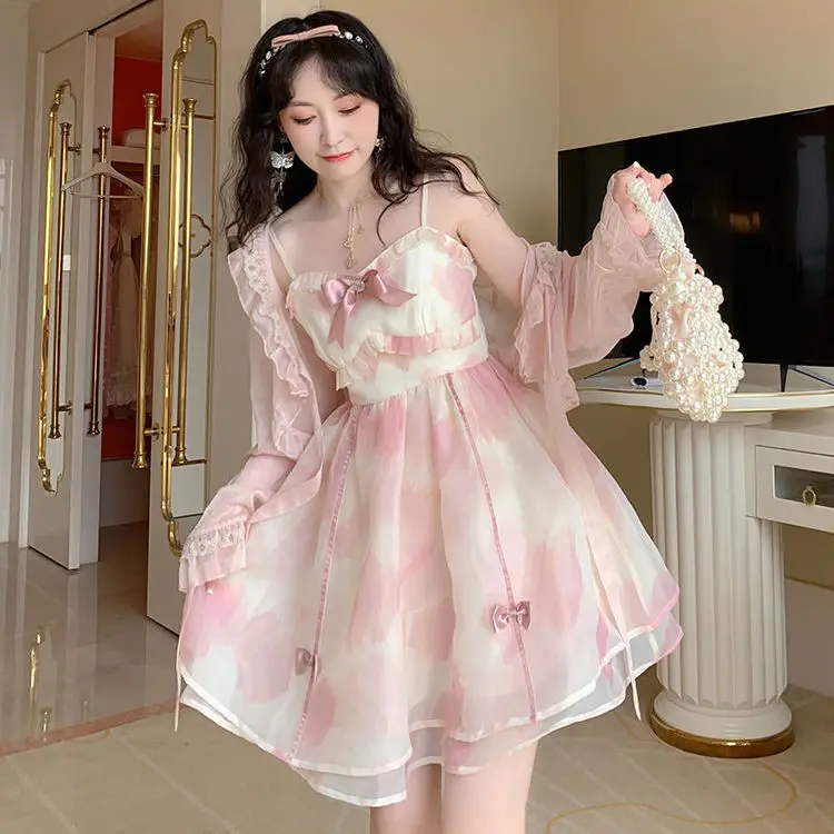 Sommer süße Schlinge Mini kleid für Frauen Sommer Bowknot Spaghetti träger ärmelloses Rüschen kleid koreanische süße Urlaub Party kleid