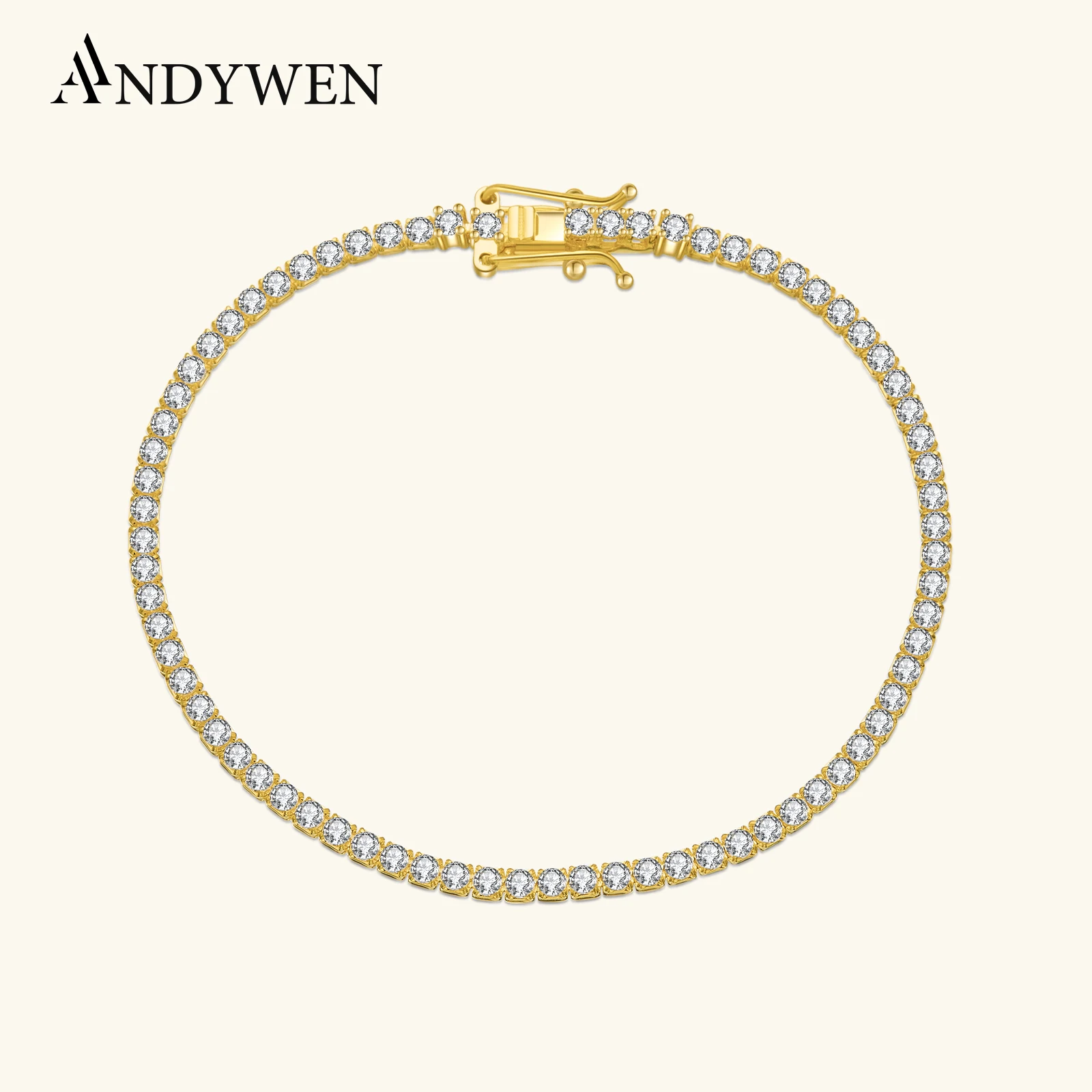 

ANDYWEN стерлингового серебра 925 пробы, золото 2 мм, теннисный браслет, круглый циркон, браслет с фианитом, женская цепочка с кристаллами, свадебные ювелирные украшения