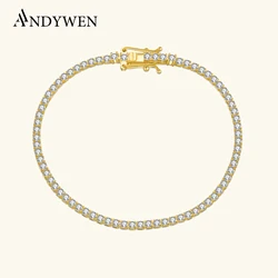 ANDYWEN 925 Sterling Silver Gold 2mm Tennis Bracelet Round Zircon CZ Bangle Claps Women Chain Crystal Wedding Fine Jewelry
