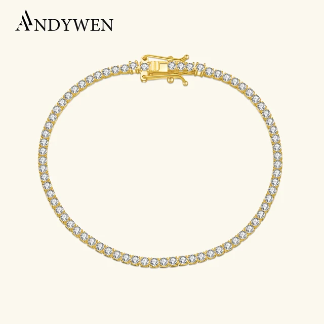 ANDYWEN Bransoletka tenisowa ze srebra próby 925 pozłacana, 2 mm, z okrągłymi cyrkoniami CZ, z zapięciem, damska, łańcuszek, kryształowa, elegancka biżuteria ślubna