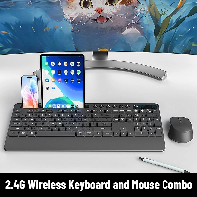 2.4G Wireless Keyboard and Mouse Combo with Ergonomic Design and Built-in Phone Stand