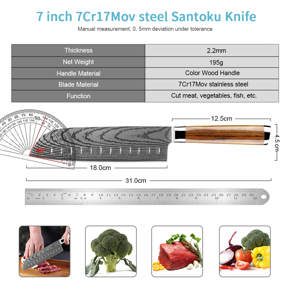 Santoku Knife 7inch Kitchen Knife Ultra Sharp Asian Knife Japanese Chef Knife German Steel 7Cr17Mov Best Choice for Home Kitchen