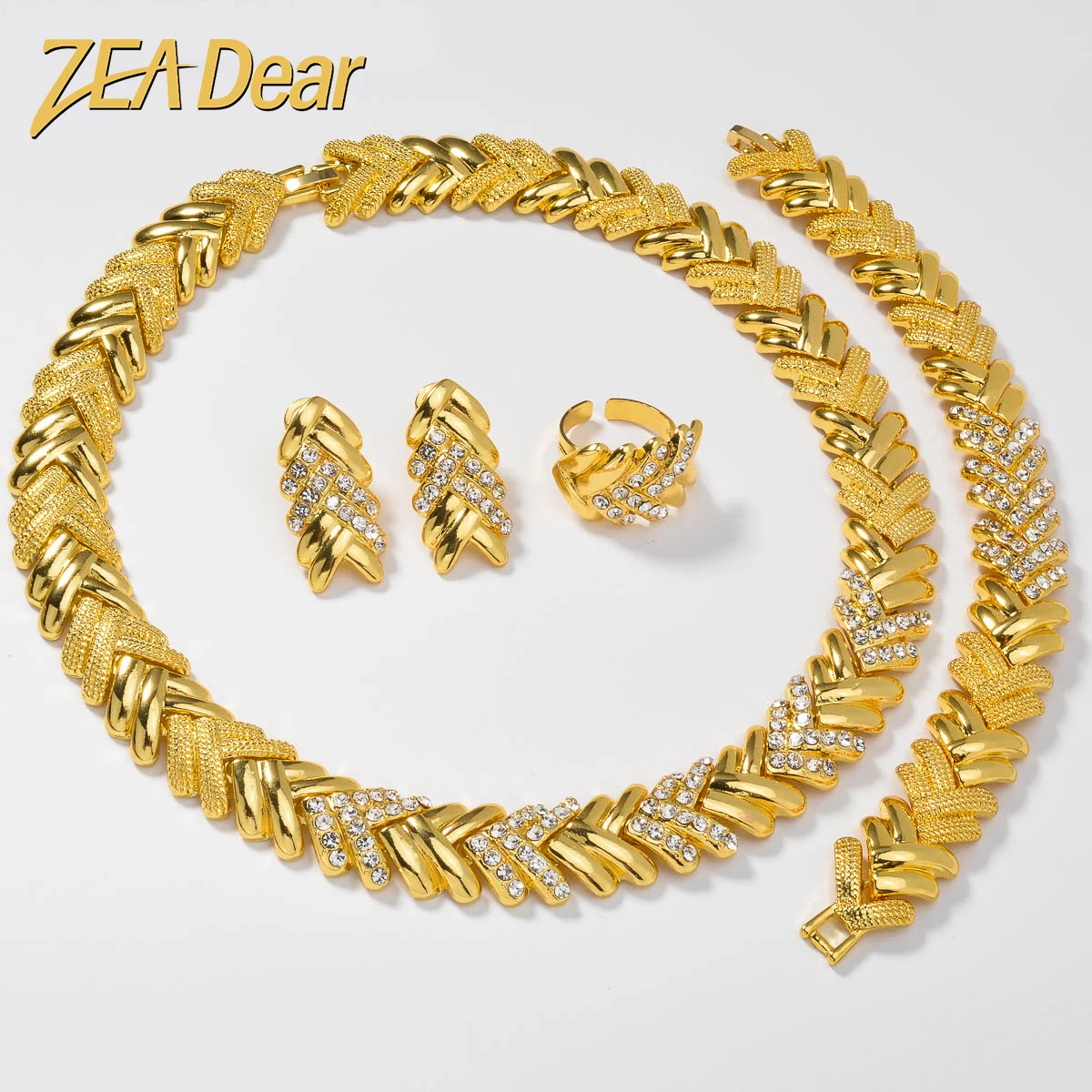 ZEADear 4PCS Jewelry Sets Items Gold Color Choker Zircon Bracelet 2024 New Earrings Ring for Women Party Wedding
