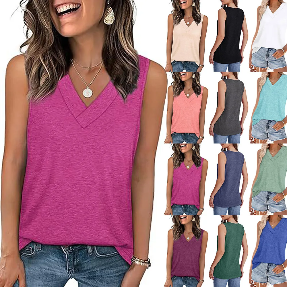 

2025 Women's V-neck Casual Loose Summer New Solid Color Tank Top Sleeveless Shirt