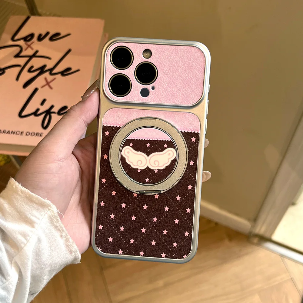 Pink Brown Star Wing Ring Holder Phone Case For iPhone 17 16 15 14 13 12 11 Pro Max Cute Patchwork Protection Back Cover