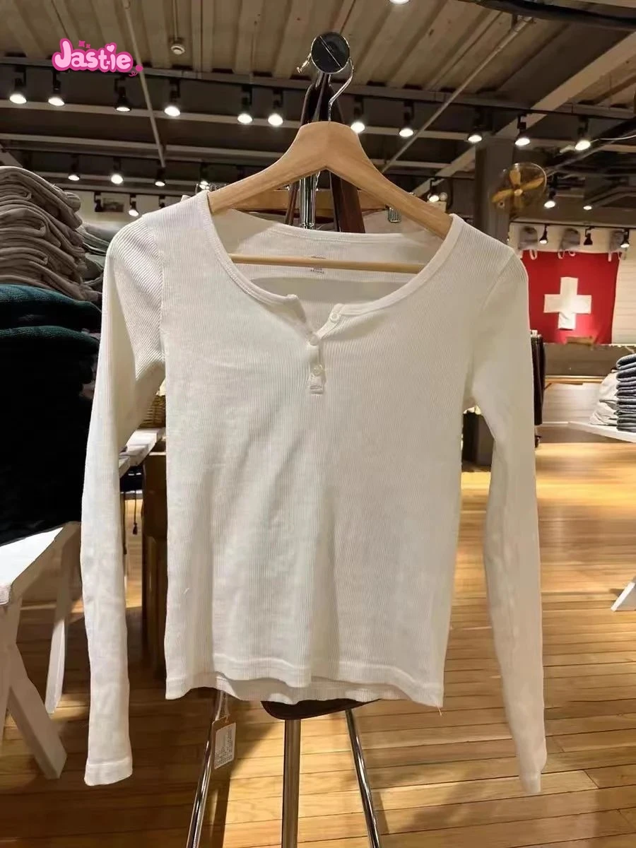 Chic Hollow Out rosa manica lunga t-shirt estate girocollo bottoni cotone Slim Sexy Top per donna Vintage dolce carino Y2k Top