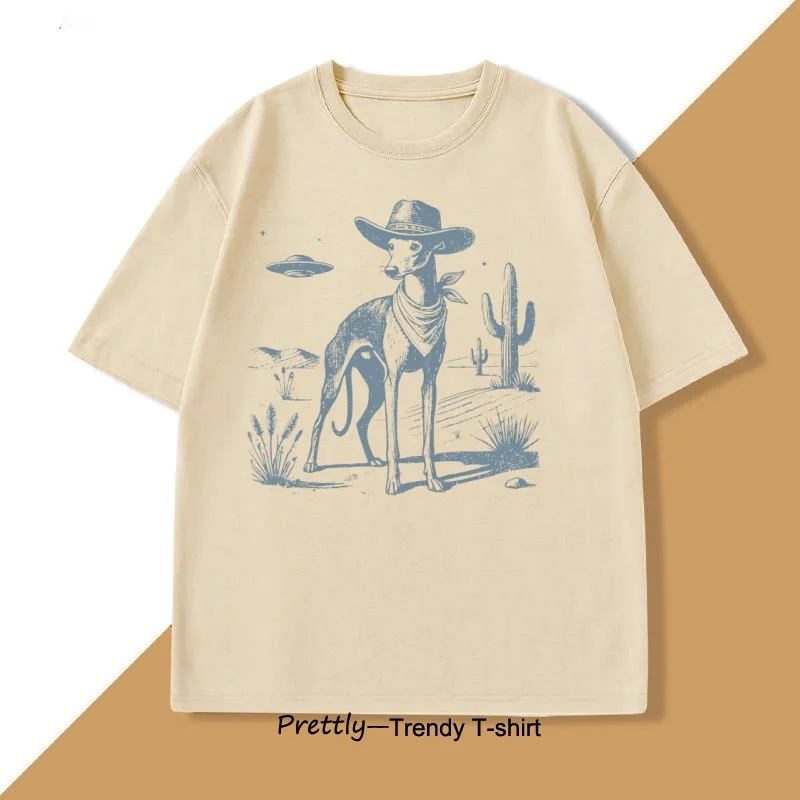 Vintage UFO Western T-Shirt Cotton Retro Short Sleeve Tshirt Cowboy Wild West Dog Mom T Shirt Casual Round Neck Loose Tees Top