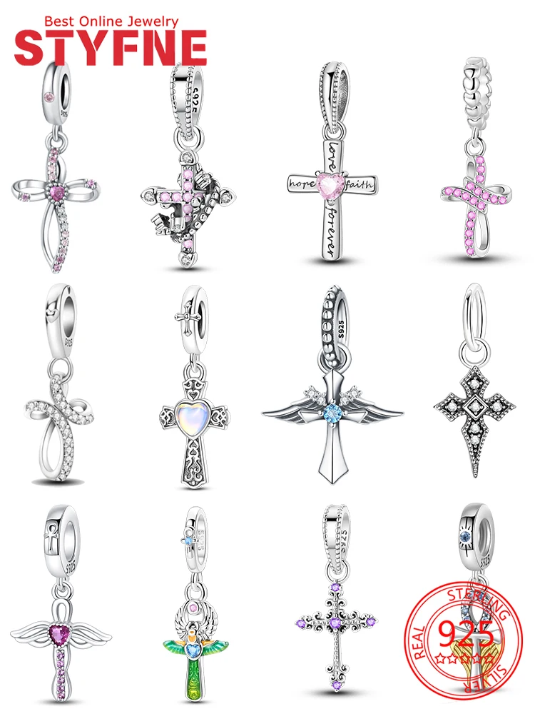 

Original Charms 925 Silver Pink Zircon Love Cross Wing Cross Retro Pattern Cross Beads Pendant Fit DIY Bracelet Jewelry Gift