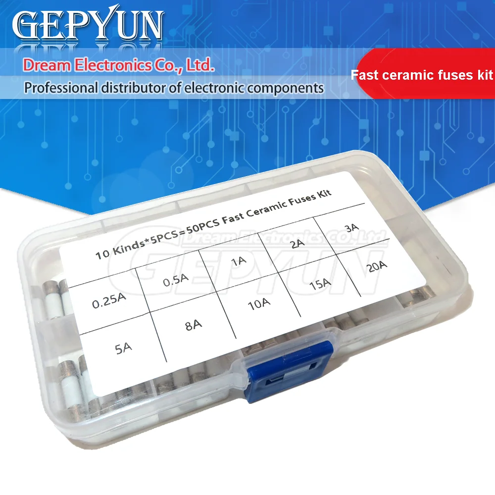 50pcs 10 Kinds Fast Ceramic Fuses Kit 250V 0.25A 0.5A 1A 2A 3A 5A 8A 10A 15A 20 5mm x 20mm AMP Fuse Tube Assortment box