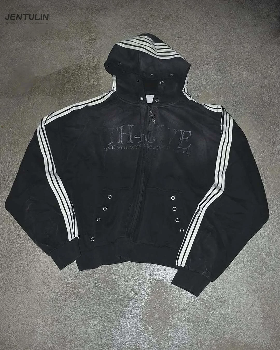 Y2K Streetwear-Kapuzenjacke mit Reißverschluss, amerikanische Vintage-Ästhetik, lockere Jacke, gestreifte Kapuze mit Ösenverzierung an den Ärmeln, modische Oberbekleidung.