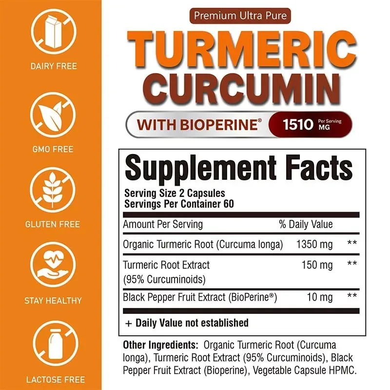 High Quality Turmeric Curcumin Capsules,Support Joint Health Antioxidant Brain Cognitive & Digestive Health,Dietary Supplement