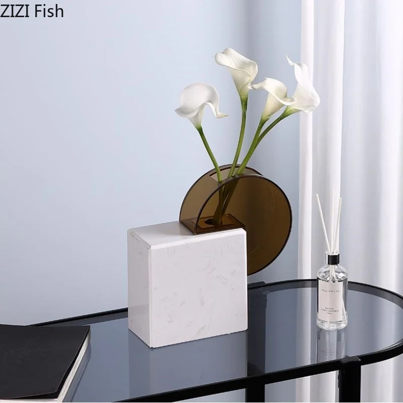 Acrylic Marble Vase Flower Vessels Ornament Desktop Decorative Vases Flower Arrangement Dried Flower Vase Hydroponic Vases