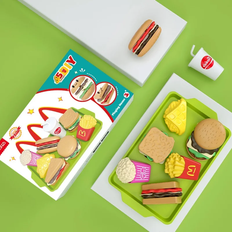 Children Hamburger Pretend Play Cooking Toys Set Mini Simulation Food Kitchen Toys For Girls Sandwich Fries Burger Assembly Game