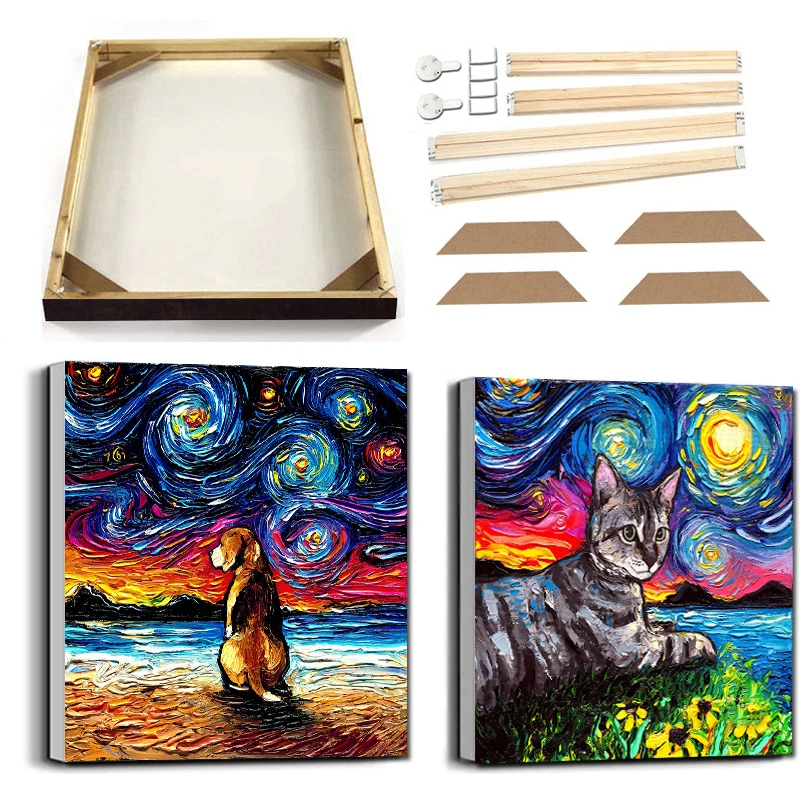 

Vincent Van Gogh Starry Night Cat Dog Oil Painting on Canvas with Frame Abstract Nordic Poster Prints Colorful Animal Picture