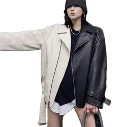 Casual Black And White Color Matching Womens Genuine Leather Jacket Spring Autumn Real Sheepskin Coat Female Chic Lady Outerwear