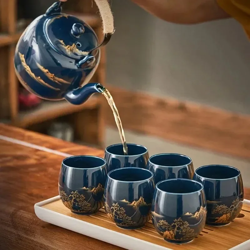 

7-Piece Set Japanese Style Ceramic Tea Set Black Glazed Teapot With Tea Strainer Simple Teacup Home Office Gift Tea Service