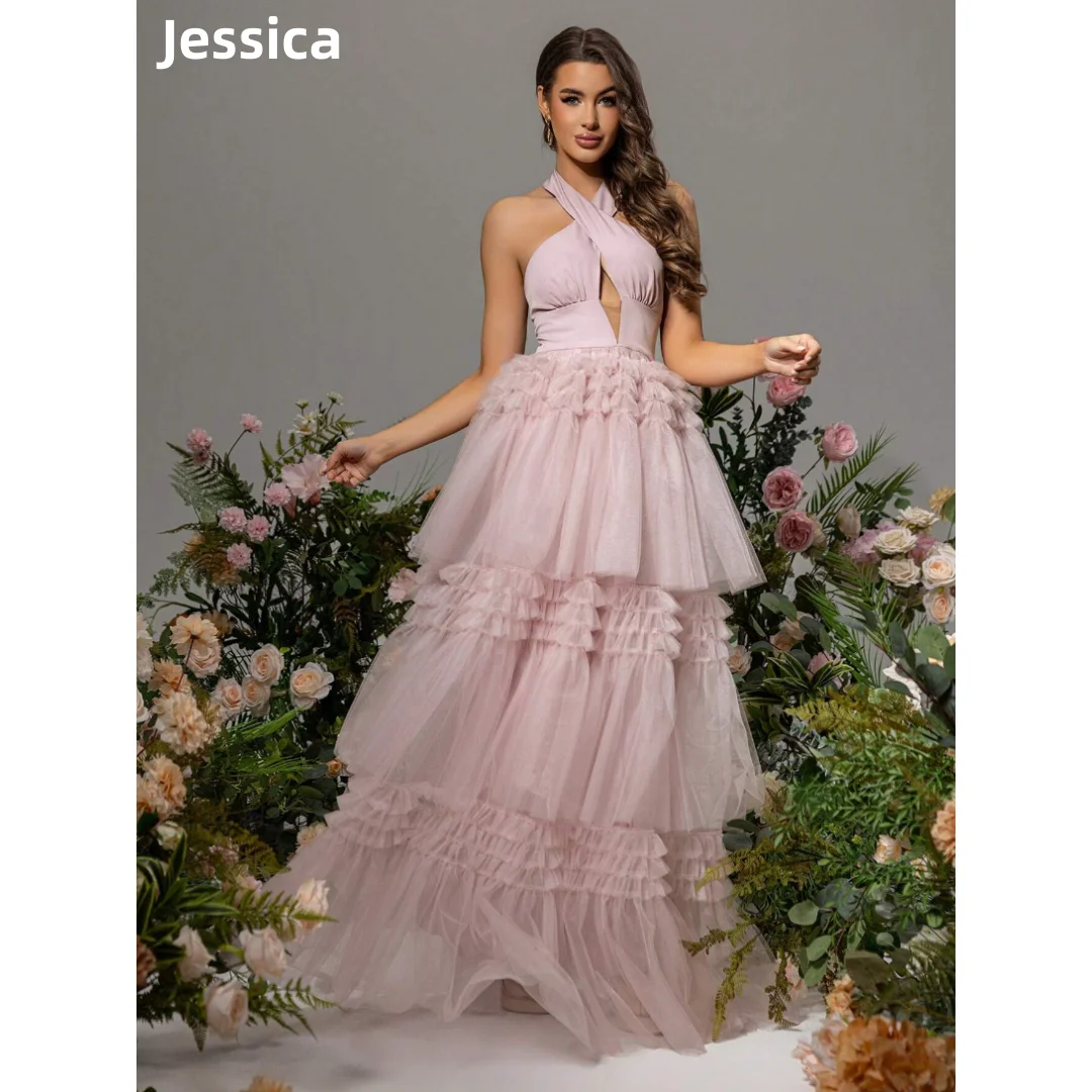 Jessica Sweet Handmade Tulle Layers Prom Dresses Luxury A-line Halter Neck Evening Dresses Wedding Party Dress فساتين سهرة