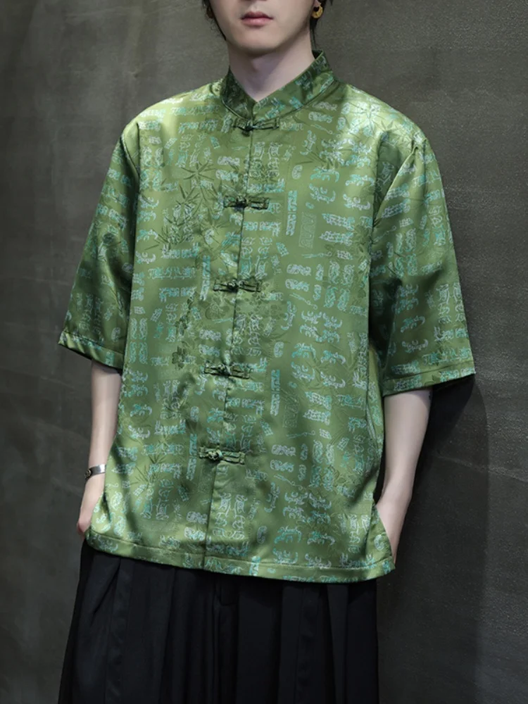 

Новая мужская летняя тонкая рубашка из ледяного шелка с коротким рукавом, в стиле ретро, свободного кроя, больших размеров, повседневная, в китайском стиле, на пуговицах, в стиле Тан, Ханьфу