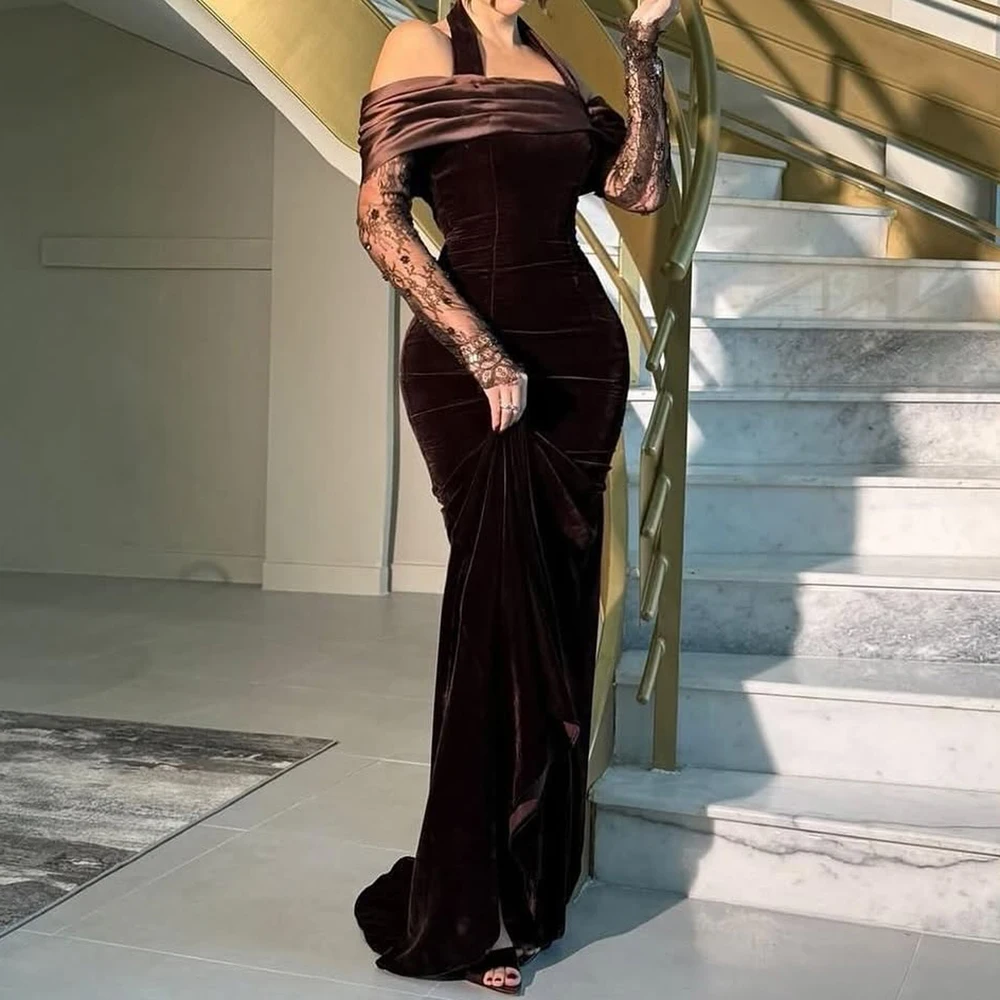 

Customized Mermaid Evening Dresses Floor-length Square Collar Full Sleeve Prom Gown Fashion Pleat Lace Backless Party Gown