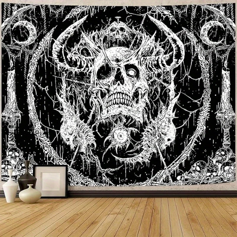 Gothic-Totenkopf- und Mond-Wandteppich – schwarz-weißes Horror-Design, Wandbehang für Schlafzimmer/Wohnheim und Halloween/Hauswärmungsgeschenke
