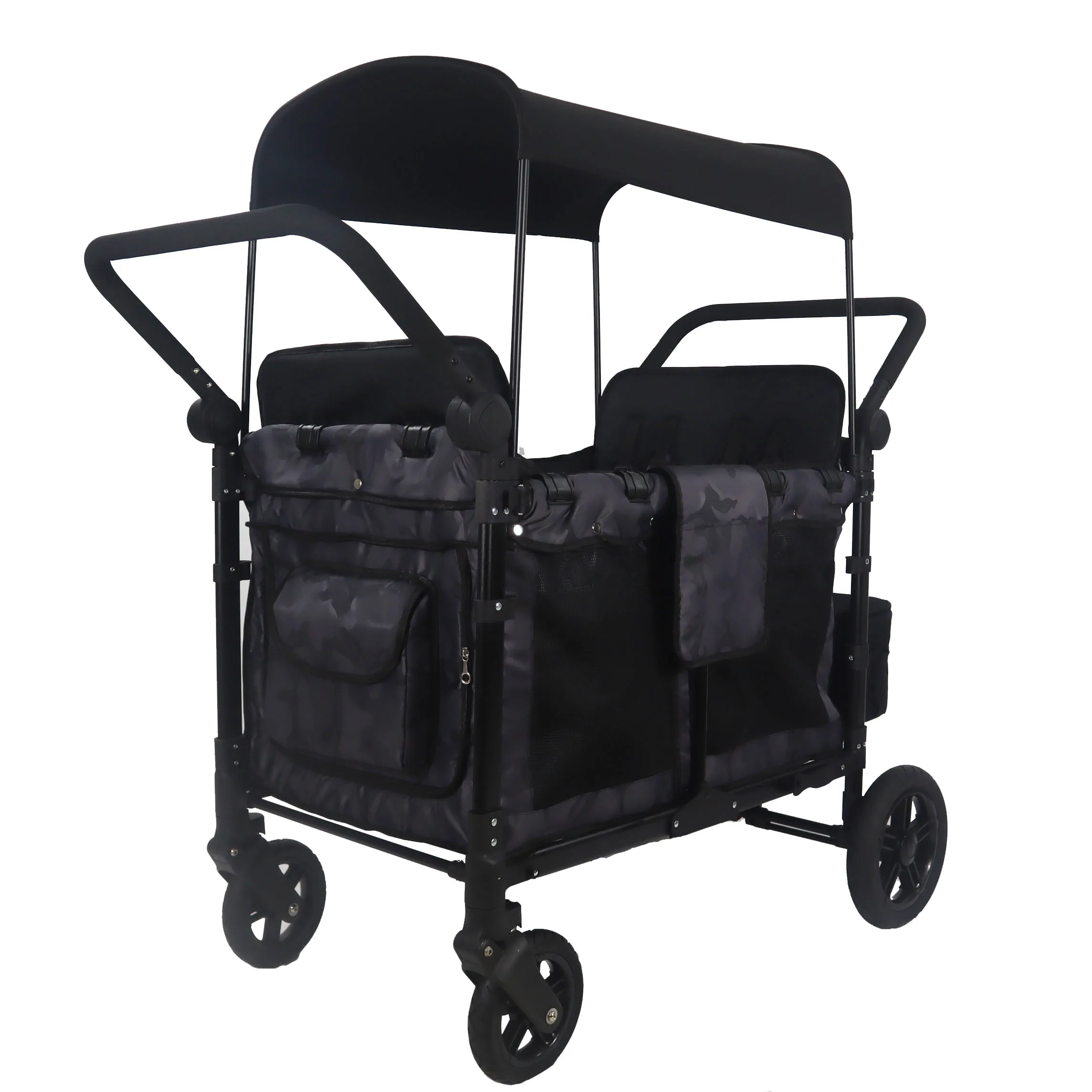 

Foldable Deluxe Stroller Wagon With Cooler Bag Children Camo Black Removable Canopy Baby Strollers 4 Seater