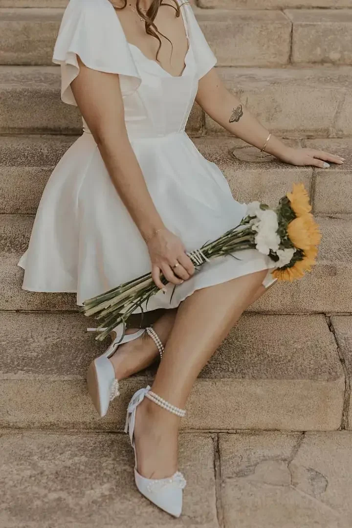 فساتين العودة للوطن من الساتان بأكمام قصيرة فلوي على شكل حرف A مشد لحفلات الكوكتيل فستان زفاف صغير صغير فستان عيد الميلاد #6