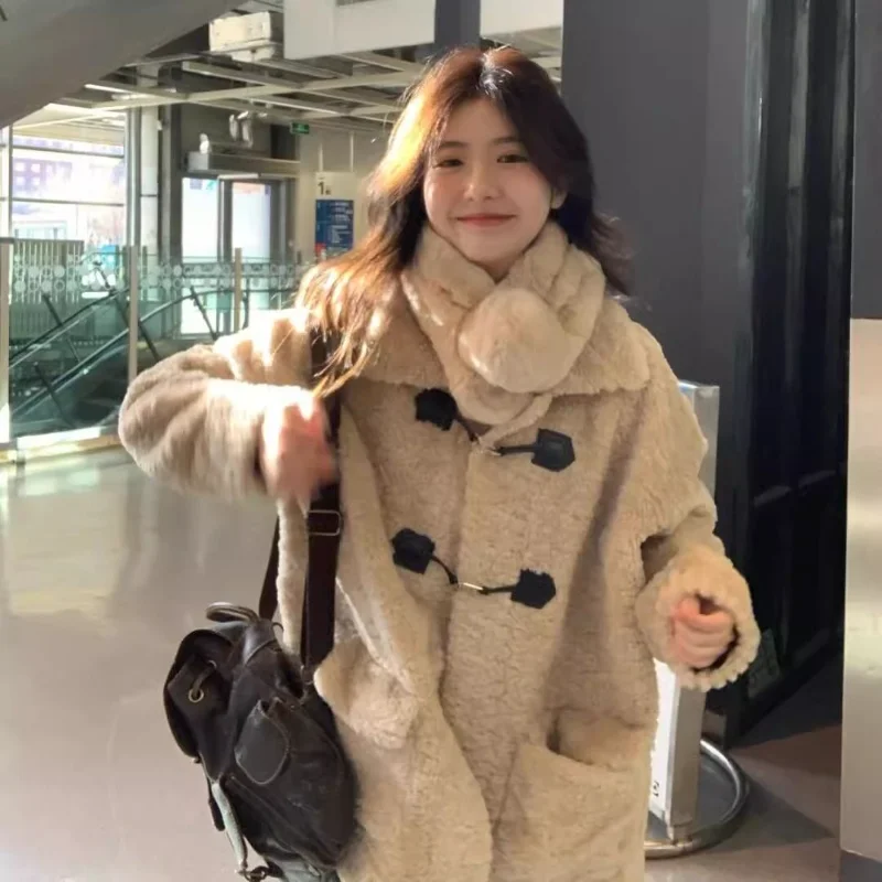 

Корейское милое пальто с лацканами из ягненка, женское пальто на пуговицах, однотонный топ