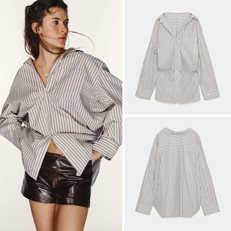 

Новая весенняя свободная повседневная рубашка в полоску с рукавами «летучая мышь» и воротником, женская модная свободная рубашка с принтом в полоску