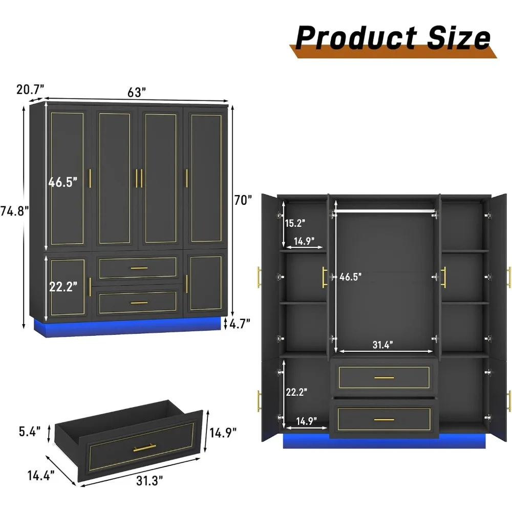 75” Tall 4 Doors Armoire Wardrobe Closet with 2 Drawers and LED Lights, Modern Closet Wardrobe Cabinet with Shelves and Hanging