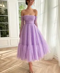 Tulle Strapless Prom Dresses Women Sleeveless A-Line with Pleats Tea-Length Evening Gowns Little Star Simple Lilac Party Dress