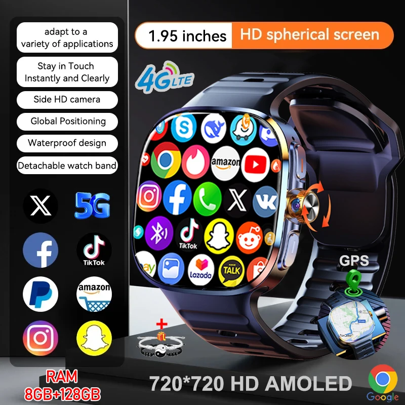

5G/4G Смарт-часы 2,4 дюйма 720*720 AMOLED Часы Видеозвонок 1000 Вт HD Камера GPS Карта WIFI Google Play 8 ГБ + 128 ГБ ОЗУ Смарт-часы Мужчины