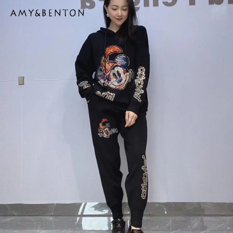 

Casual Hooded Jacket Outfits Ladies Autumn Diamond Drills Knitted Top Sweatshirts Oversized Y2k Coat Jogger Pants Two-Piece Set