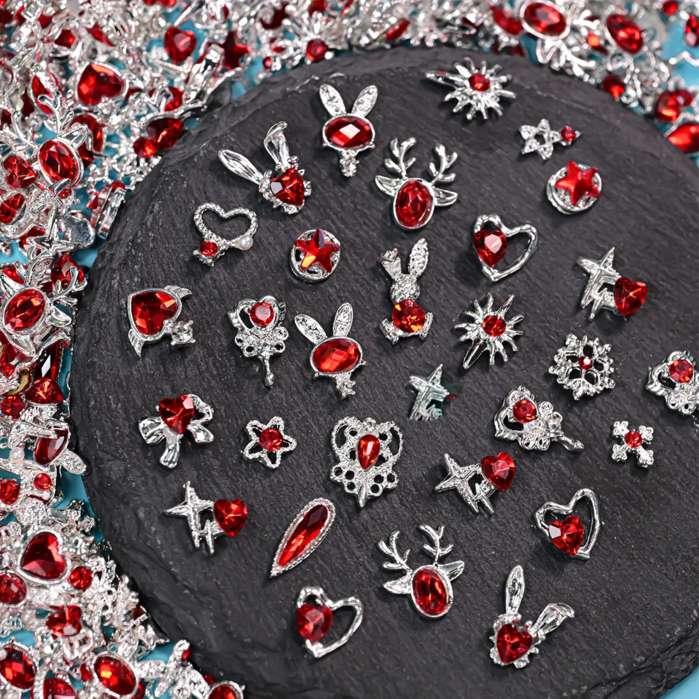 30Pcs/Bag Mixed Red Crystal Alloy Charms 8x10mm Reindeer Heart Snowflake Pendants Alloy Nail Art Shinying Red Manicure Crystal