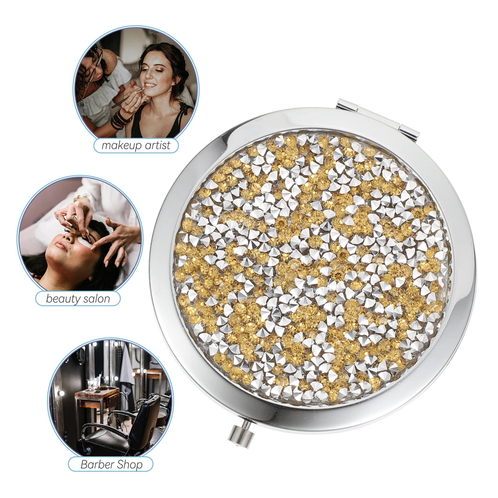 

Round Compact Mirror Portable Mini Makeup Mirror Stylish Diamond Decor Lightweight for Home Travel Beauty Care
