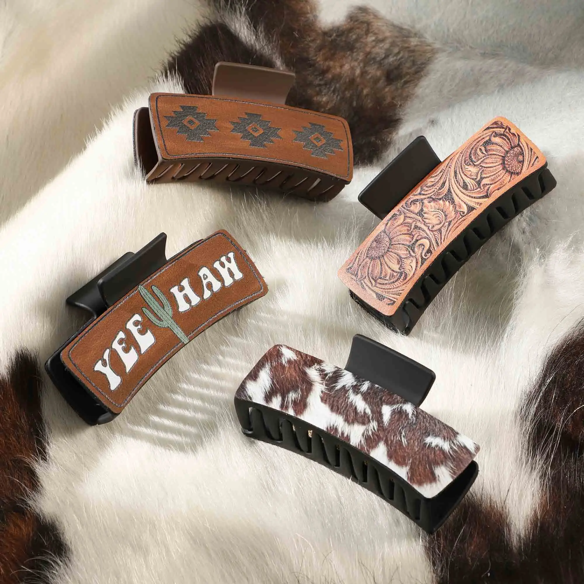 

4pcs Sunflower Hair Clip Claw Girls Aztec Fur Leather Printed Snap Clip Wholesale Customized Design Claw Hair Accessories