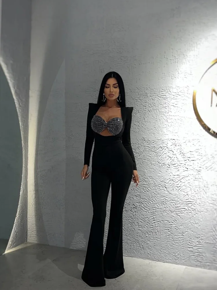 CNYISHE Diamonds Patchwork Hollow Out Women Jumpsuits Long Sleeve V Neck Sheath Fashion Sexy Club Tompers Female Streetwear