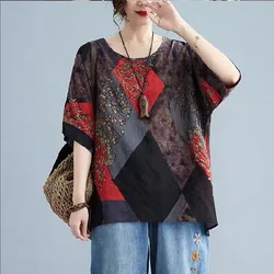 Cotton and Linen Large Size Lady Middle Age Summer Affordable Vintage Round Neck Casual Printing Loose Comfortable All-match Top