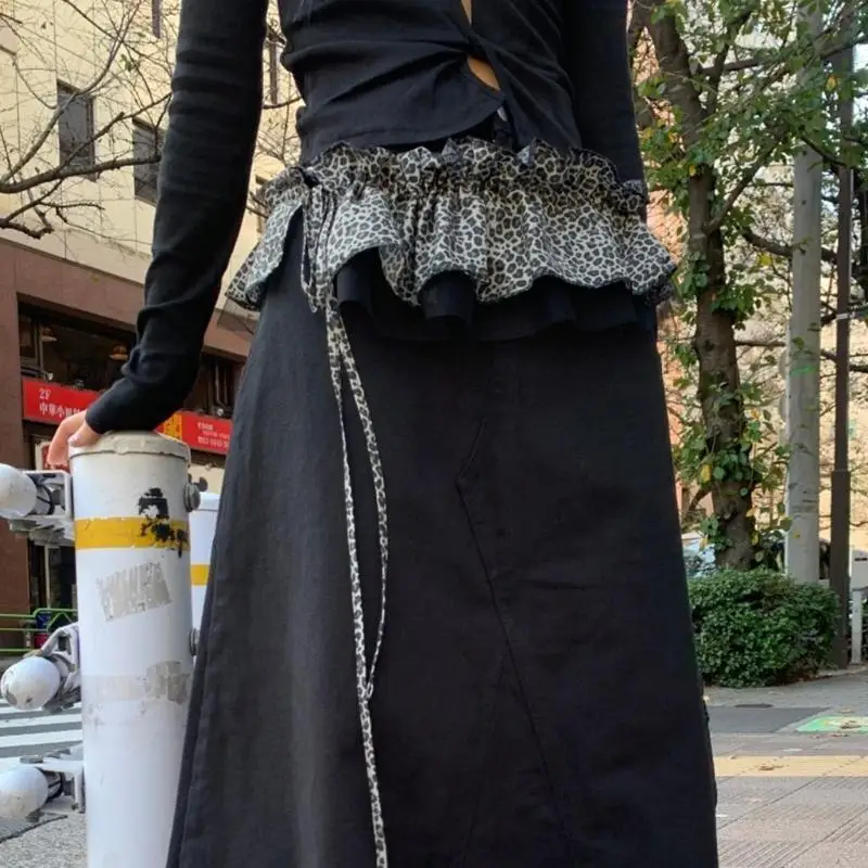 

39BC Leopard Pattern Ruffled Mini Skirt with Tie Waist Decorative Waistband for Women