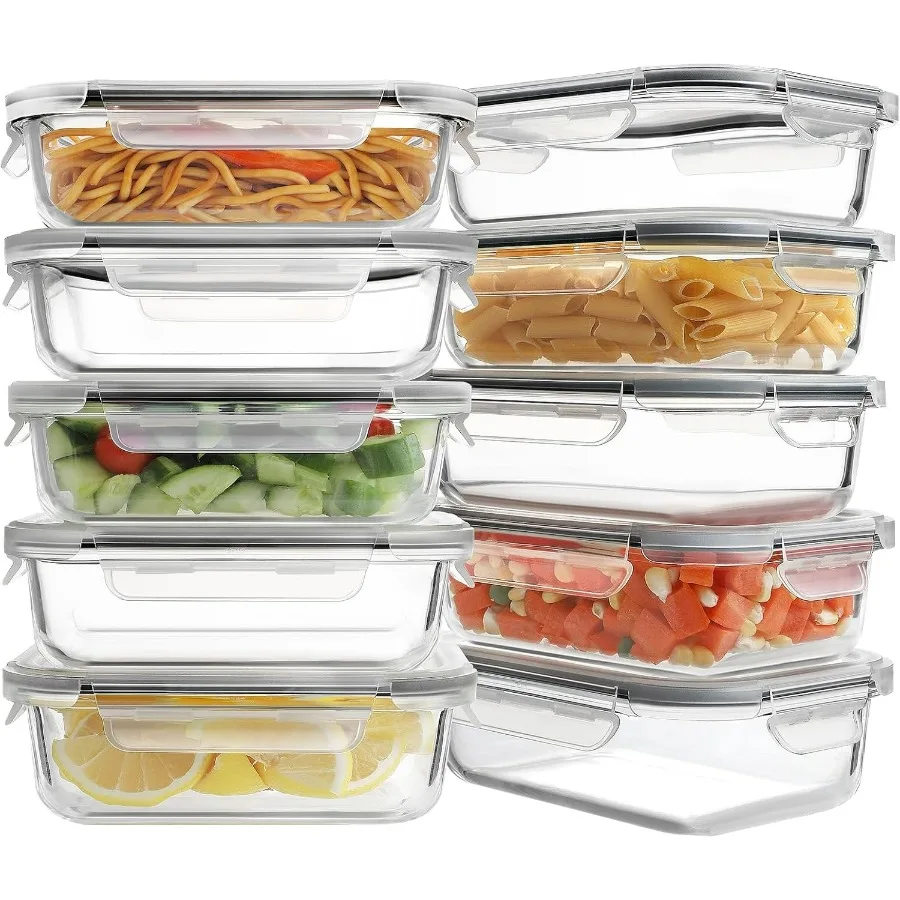 HOMBERKING Paquete de 10 recipientes de vidrio para preparación de comidas de 22 oz, contenedores de almacenamiento de alimentos con tapas, cajas herméticas para el almuerzo Bento, sin BPA, fugas Pr