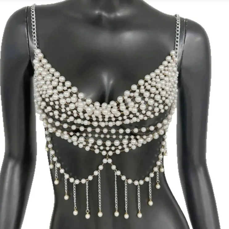 

Luxury Design Hand-woven Plastic Pearks Bra Tops Camis Wide Layered Beaded Breast Chain Summber Night Clubwear Party Body Chain