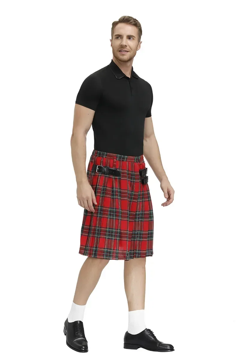 Scottish Mens Traditional Kilt with Bilateral Belt Highland Tartan Pleated Male Kilt view 3