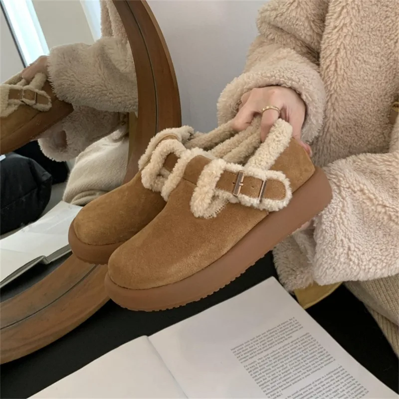 صوف الضأن الداخلية حذاء مسطح أقدام الصوف الدافئة الثلوج الأحذية جولة رئيس مشبك منصة أحذية قطنية تقليد الجلد المدبوغ 35-39 أحذية نسائية #5