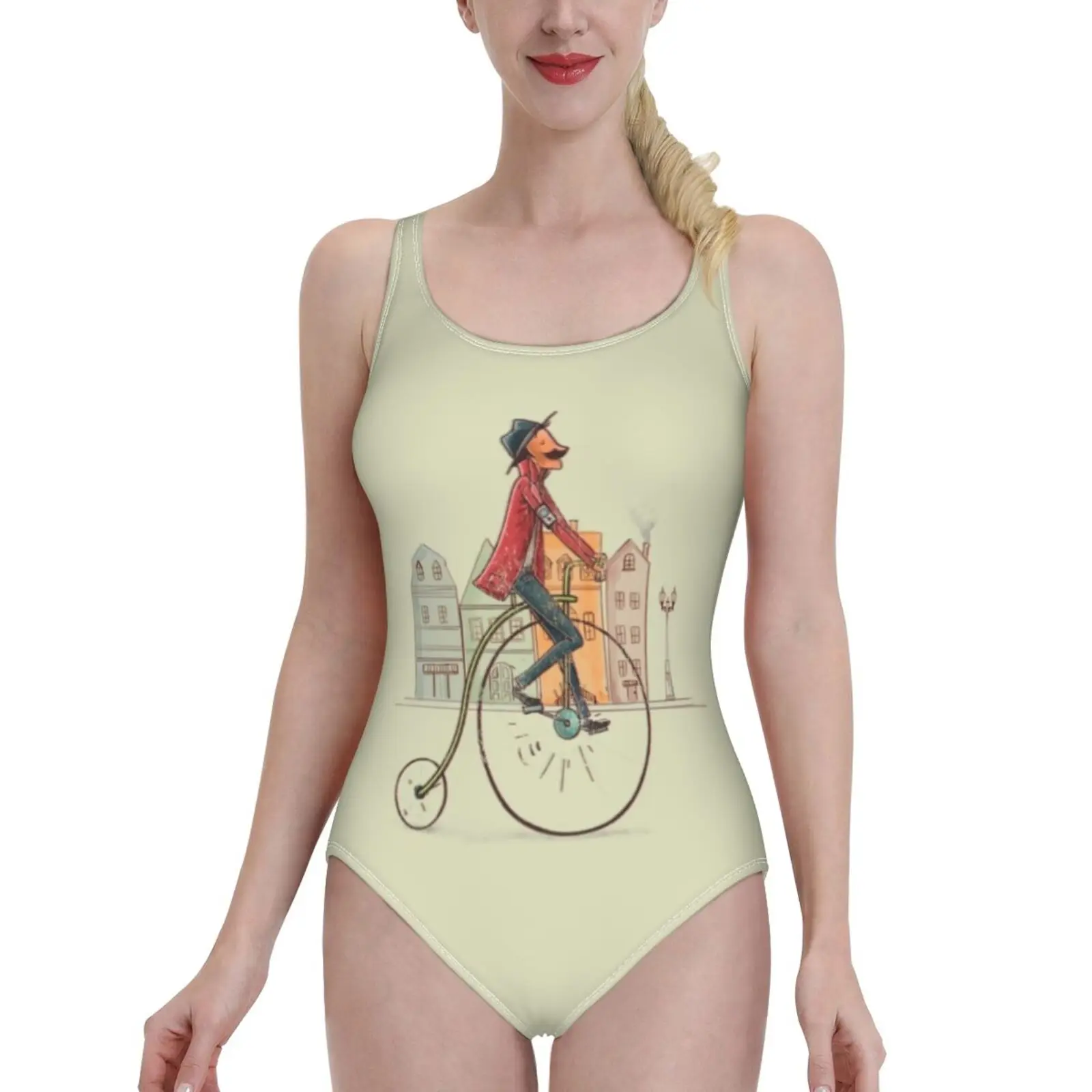 Vintage Illustration One Piece Swimsuit Women Swimwear Sexy Classic Backless Bodysuit Beach Bathing Wear Music Old Fashion