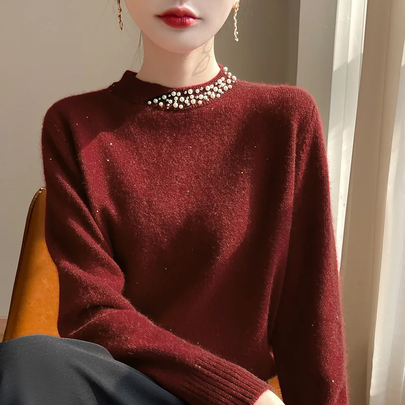 

Women's Semi High Neck Wool Sweater Paired With Western Style Nail Head Knit Sweater, Fashionable High-end Autumn And Winter Top